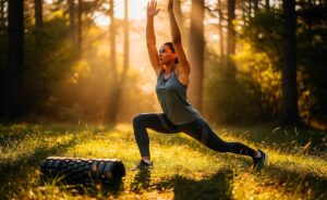 Illustration von einer Person, die dynamische Dehnübungen und Faszienrollen-Massage in einer natürlichen Umgebung ausführt, um Beweglichkeit und Geschmeidigkeit zu symbolisieren.