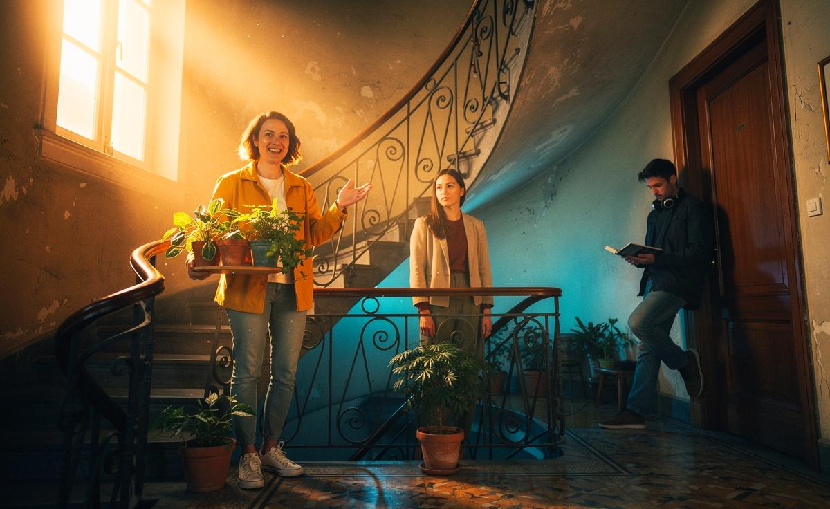 Illustration von drei Nachbarinnen und Nachbarn im Treppenhaus, die Extraversion, Introversion und Ambiversion verkörpern