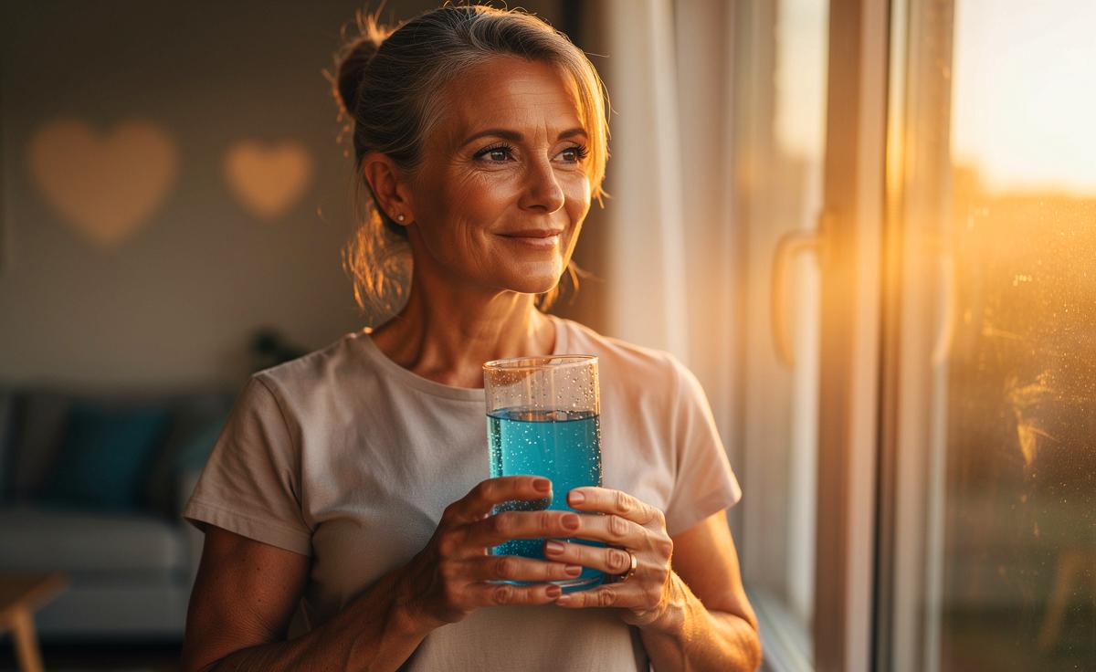 Illustration von einem Glas Wasser und einem Herzsymbol als einfache Maßnahme für eine stabile Herzfunktion ab 50 ohne Medikamente