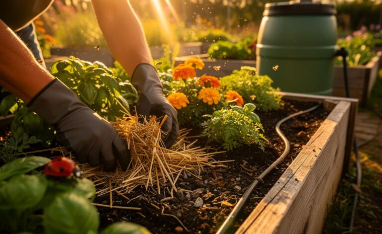 Illustration von organischer Gartenpflege mit Kompost, Mulch, Mischkultur und Regenwassernutzung