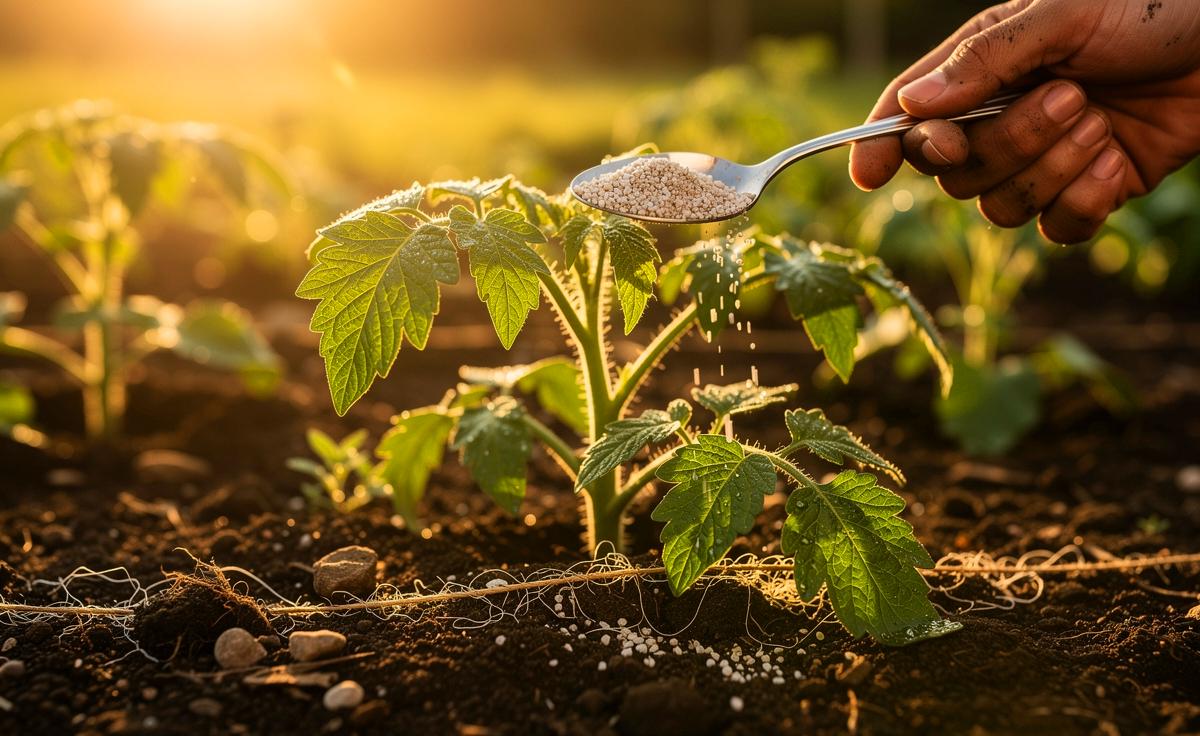 Illustration von präziser Mikrodüngung mit einem Teelöffel am Wurzelhals im Gemüsebeet