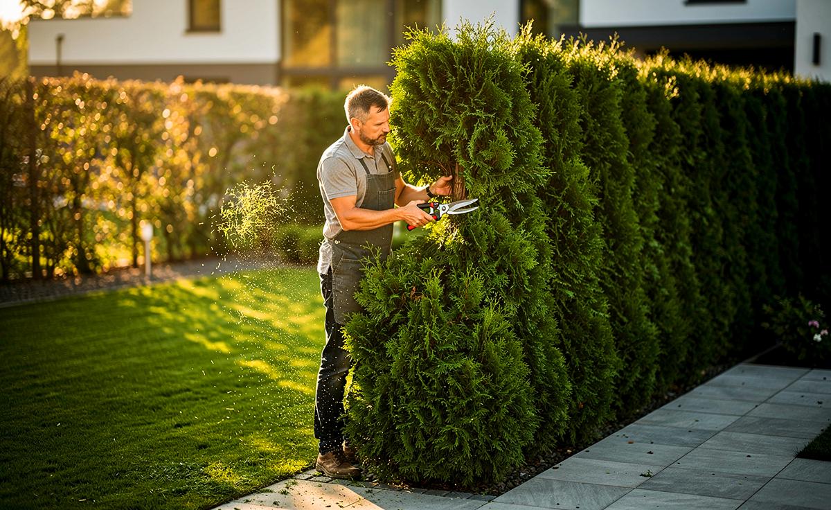 Illustration von einer dichten, immergrünen Hecke, die schneller als Liguster wächst und ganzjährig Sichtschutz bietet