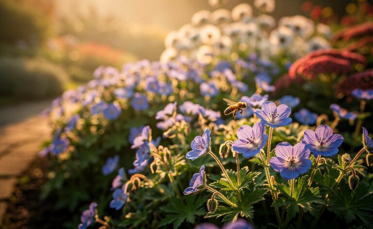Illustration von einem Storchschnabel (Geranium) als pflegeleichtem Bodendecker in voller Herbstblüte (‚Rozanne‘), der Unkraut natürlich verdrängt