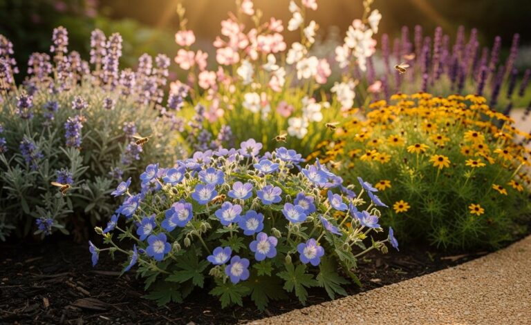 Illustration von [Geranium ‘Rozanne’ als pflegeleichter Dauerblüher im sonnigen Staudenbeet mit sechsmonatiger Sommerblüte]