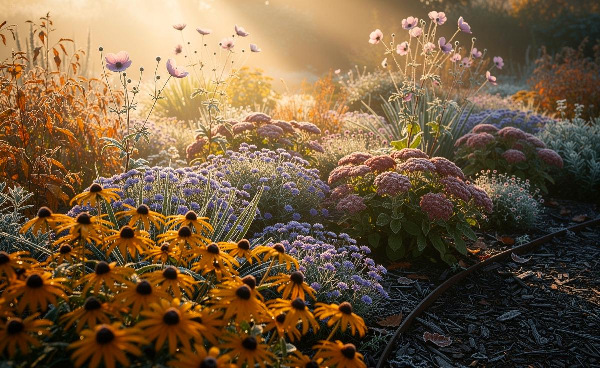 Illustration von robusten, spätblühenden Stauden (Symphyotrichum, Rudbeckia fulgida 'Goldsturm', Hylotelephium 'Herbstfreude', Herbst-Anemone), die als Bodendecker Unkraut verdrängen und bis zum ersten Frost blühen