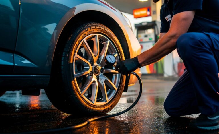 Illustration von einem Automechaniker, der an einem Pkw den Reifendruck misst, um erhöhten Kraftstoffverbrauch durch zu weiche Reifen zu vermeiden