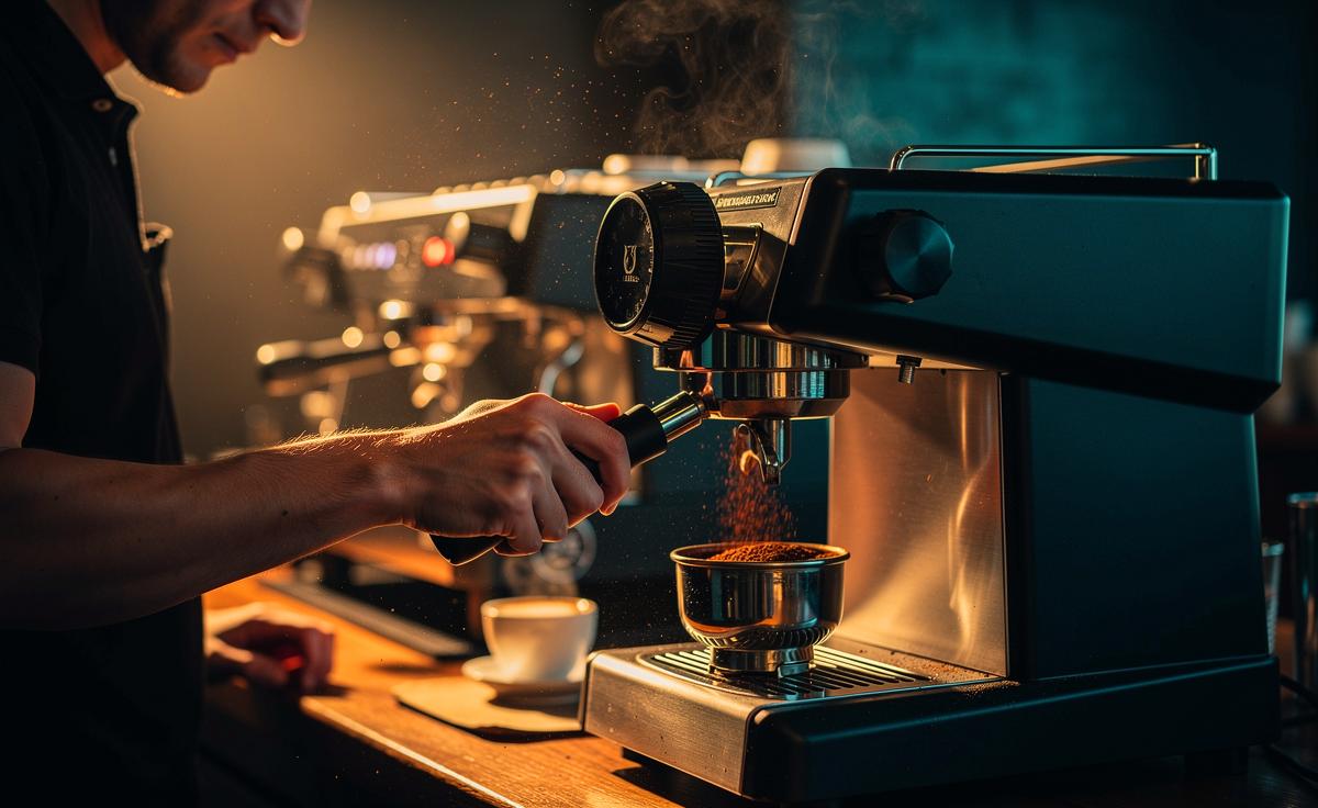 Illustration von einem Barista, der die Espressomühle für optimalen Mahlgrad und ausgewogene Extraktion einstellt