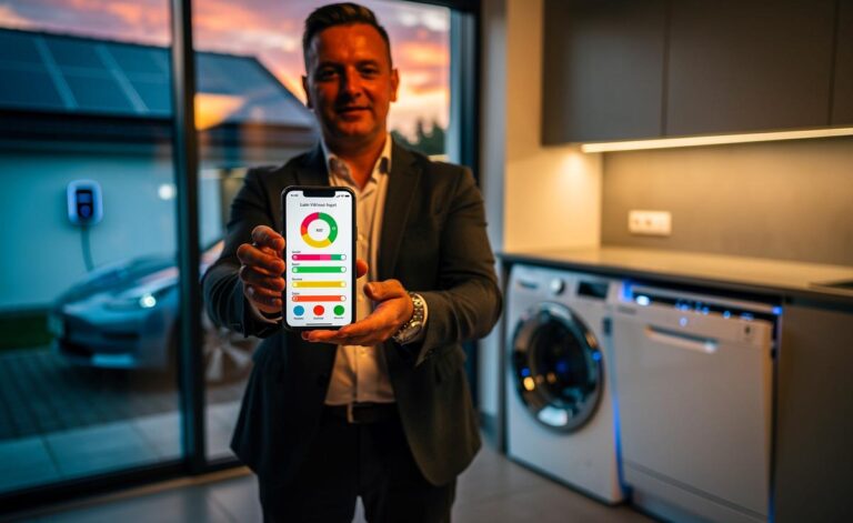 Illustration von optimierten Gerätezeitplänen zum Stromsparen im Haushalt mit Smart-Home-Automatisierung, Photovoltaik und zeitvariablen Stromtarifen