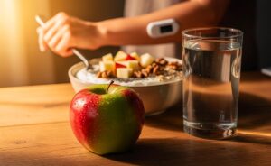 Illustration von einem ganzen Apfel mit Schale am Frühstückstisch als Teil eines ballaststoff- und proteinreichen Starts für stabile Blutzuckerwerte