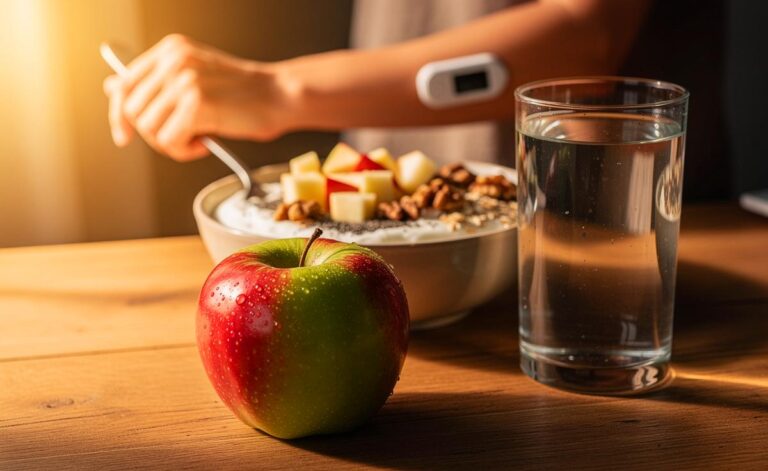 Illustration von einem ganzen Apfel mit Schale am Frühstückstisch als Teil eines ballaststoff- und proteinreichen Starts für stabile Blutzuckerwerte