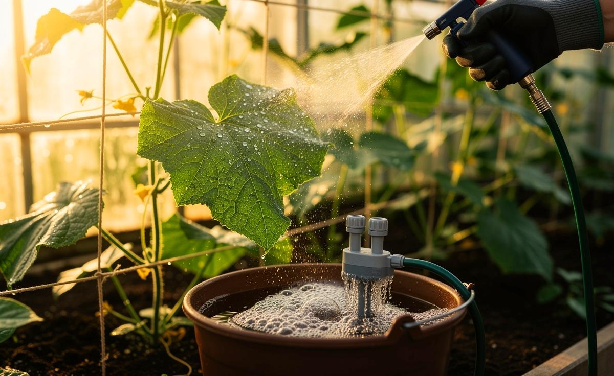 Illustration von der Anwendung von aeriertem Komposttee auf Gurkenpflanzen zur Stärkung der Krankheitsresistenz