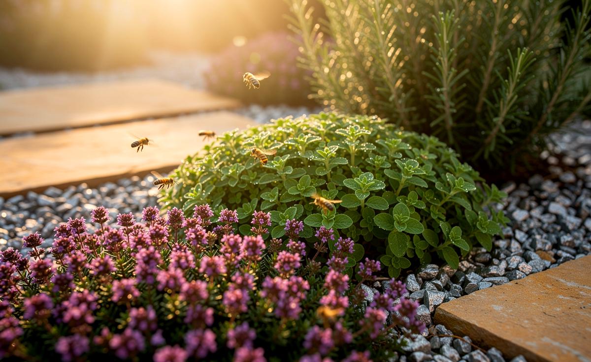 Illustration von einem Kräuterbeet in Mischkultur aus kriechendem Thymian, Oregano und Rosmarin zur Unkrautunterdrückung und mit aromatischem Duft