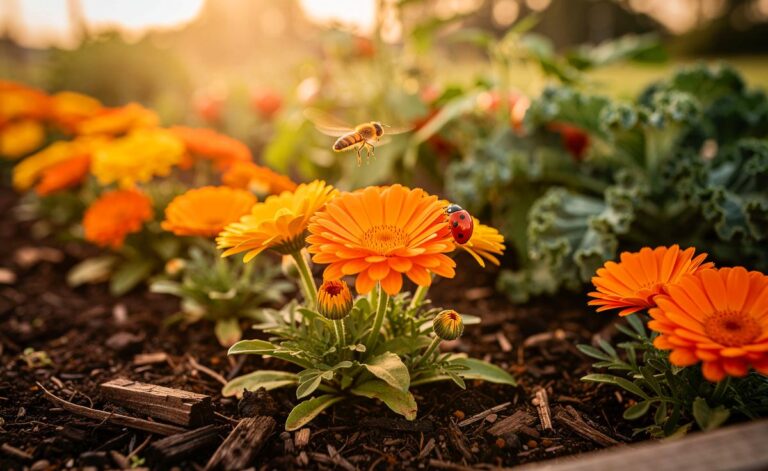 Illustration von Ringelblumen im Mischkultur-Beet eines Hobbygartens zur Bodenverbesserung und natürlichen Insektenabwehr