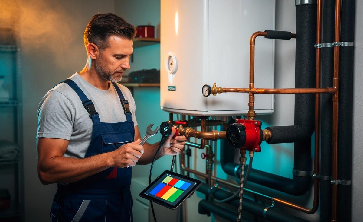 Illustration von einem Installateur bei der regelmäßigen Wartung eines Warmwassersystems zur Effizienzsteigerung