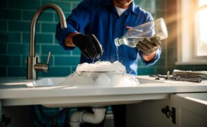 Illustration von einem Klempner, der einen Siphon mit Essig und Natron reinigt