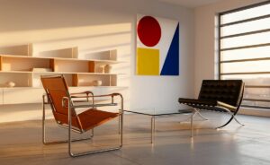 Illustration von zeitlosem Bauhaus-Design mit geometrischen Grundformen, Primärfarben und materialehrlichen Stahlrohrmöbeln