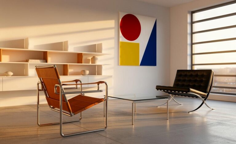 Illustration von zeitlosem Bauhaus-Design mit geometrischen Grundformen, Primärfarben und materialehrlichen Stahlrohrmöbeln
