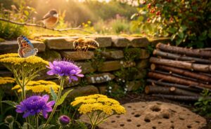 Illustration von [Biodiversität im Garten durch heimische Pflanzen, Bestäuber und Strukturelemente wie Totholz, Trockenmauer und Sandarium]
