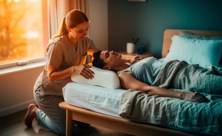 Illustration von einem Physiotherapeuten, der die optimale Kopfkissenhöhe zur Vorbeugung von Nackenschmerzen und für besseren Schlaf demonstriert