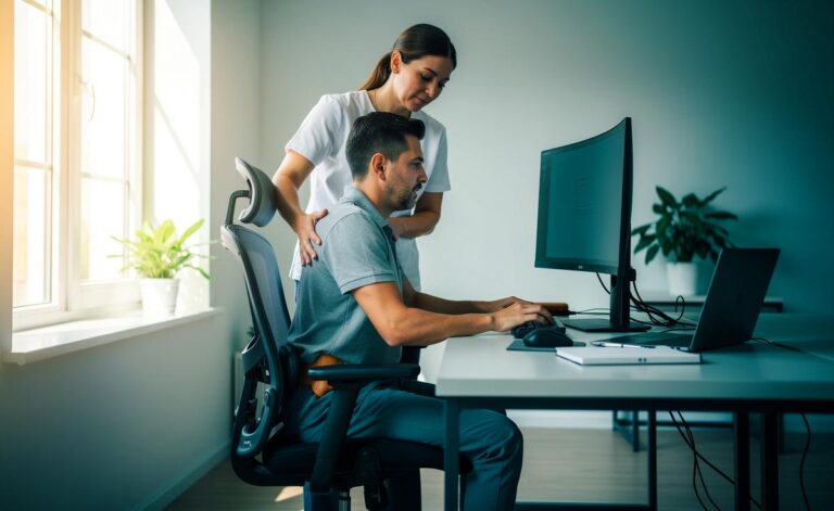 Illustration von einem Physiotherapeuten, der die ergonomische Sitzhaltung am Bildschirmarbeitsplatz zur Vorbeugung von Verspannungen demonstriert