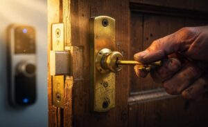 Illustration von einem älteren mechanischen Türschloss in Nahaufnahme – robuste Materialien, präzise Fertigung und höhere Langlebigkeit im Vergleich zu modernen Smartlocks