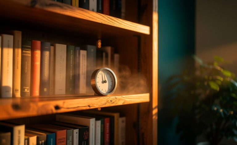 Illustration von Holz-Einlegeböden in einem Bücherregal, die als Feuchtepuffer das Raumklima stabilisieren