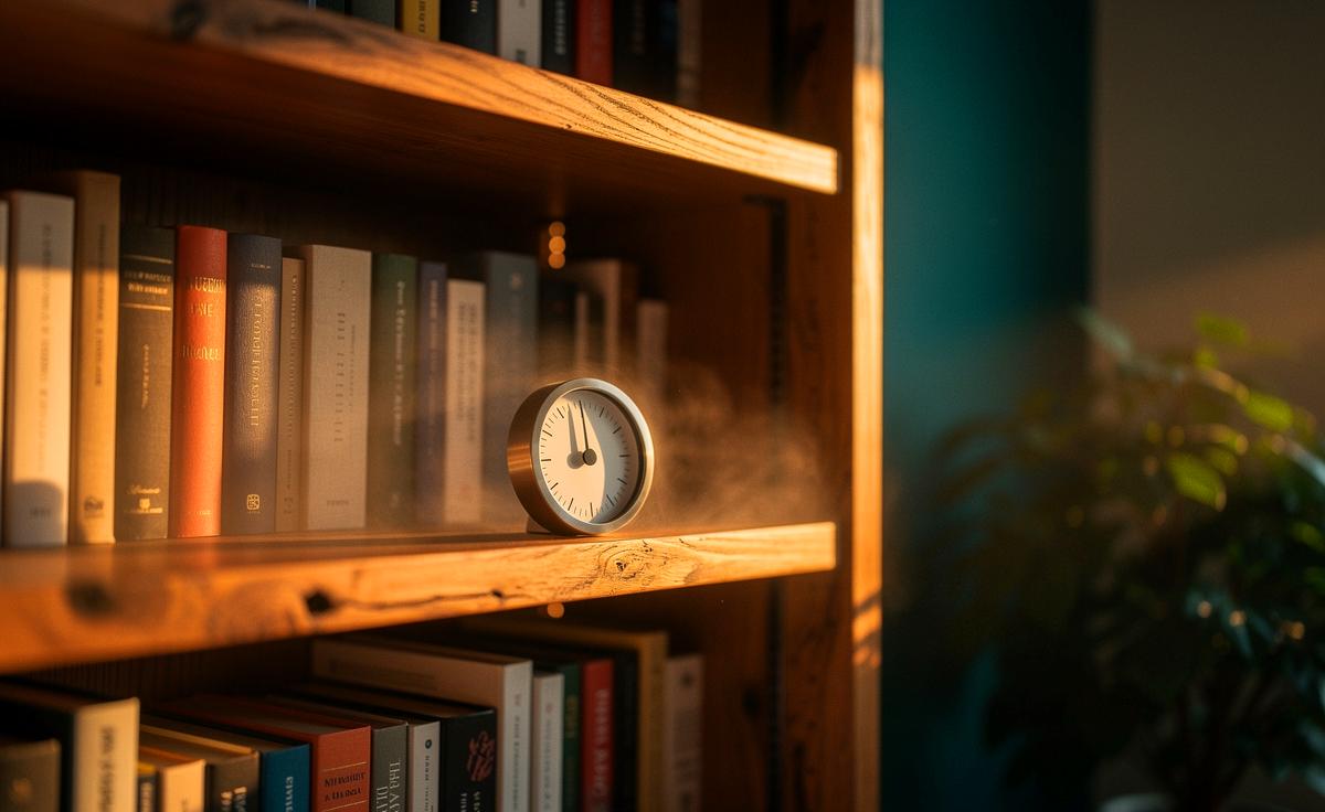 Illustration von Holz-Einlegeböden in einem Bücherregal, die als Feuchtepuffer das Raumklima stabilisieren