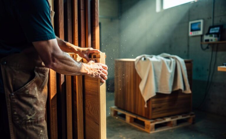 Illustration von einem Schreiner, der Holzmöbel mit Abstandshaltern hinterlüftet und im stabilen Raumklima akklimatisiert, um Verzug zu vermeiden