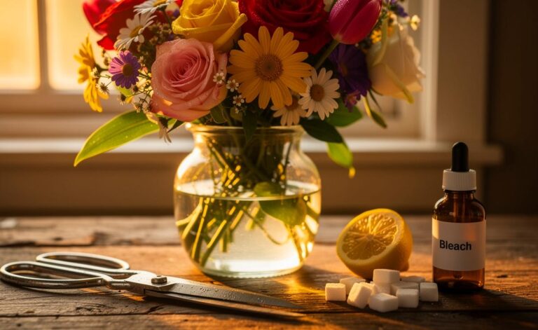 Illustration von einem frischen Blumenstrauß in einer Vase, daneben liegen eine Schere, eine Zitrone, ein Zuckerwürfel und eine Flasche mit Bleiche als Symbole für die einfachen Hausmittel zur Pflege.