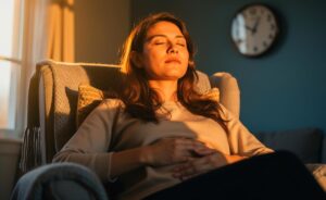 Illustration von einer Person, die entspannt in einem Sessel sitzt und eine tiefe Atemübung praktiziert, während eine Uhr im Hintergrund zehn Minuten anzeigt.