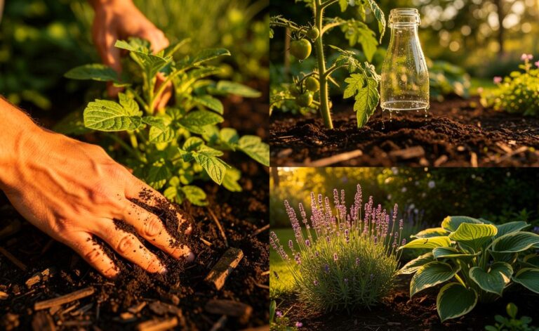 Illustration von drei einfachen Garten-Hacks: eine Hand, die Mulch auf Erde streut, eine Gießflasche im Blumentopf und passende Pflanzen an ihrem idealen Standort.