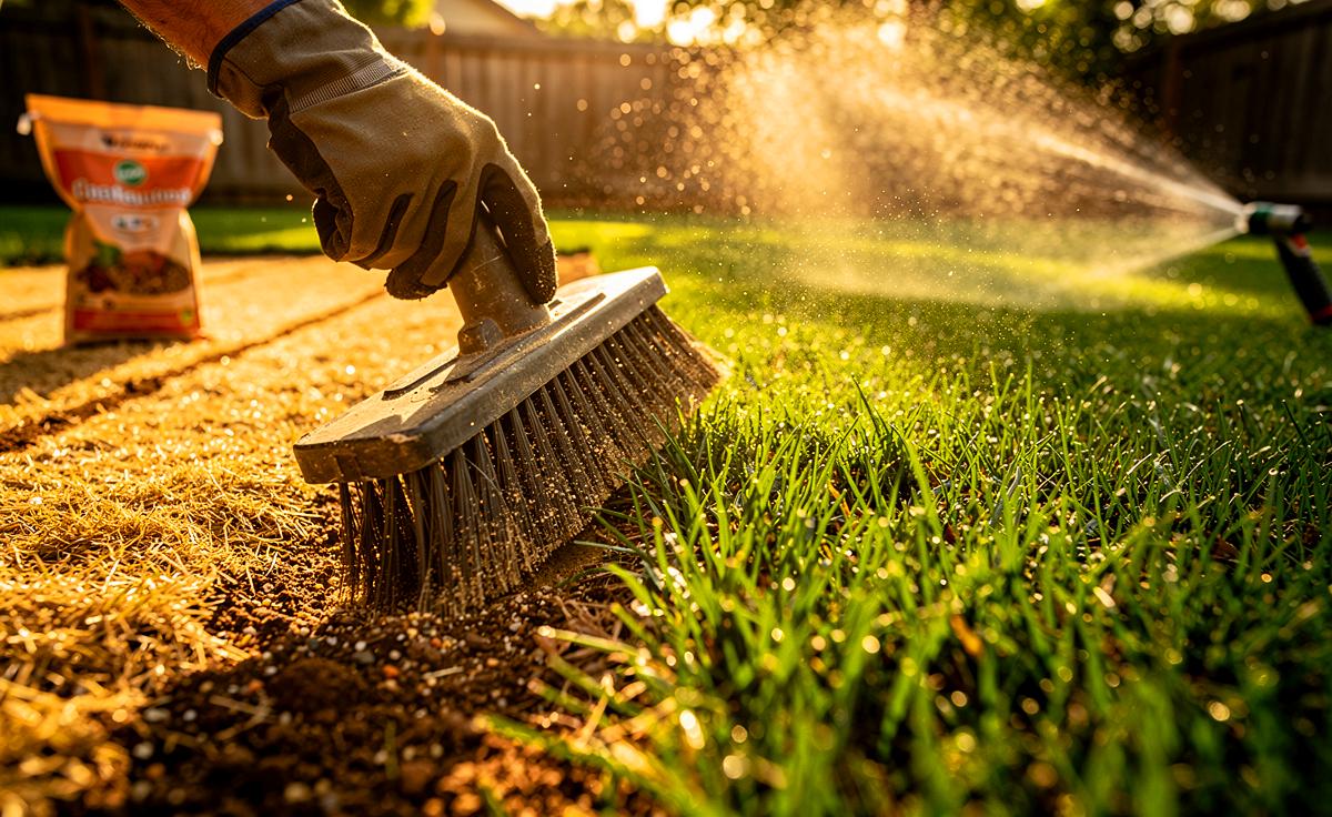 Illustration von einem Gärtner, der Topdressing aus Kompost, Sand und Bentonit dünn auf einen Rasen aufbringt und einbürstet