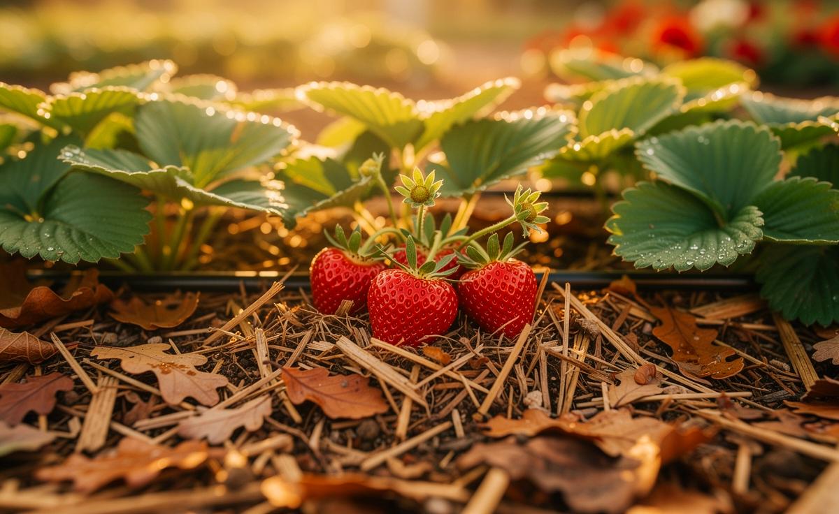 Illustration von einem Erdbeerbeet mit natürlichem Laubmulch für chemiefreien Anbau