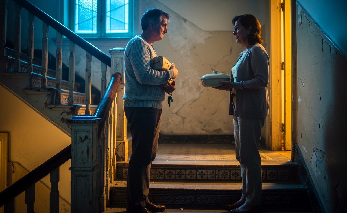 Illustration von einem nachbarschaftlichen Gespräch im Treppenhaus, in dem versteckte Emotionen über Mimik, Körpersprache und Tonfall behutsam wahrgenommen werden