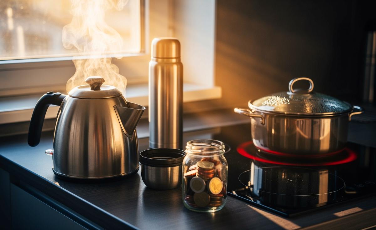 Illustration von einem Wasserkocher, einer Thermoskanne und einem Topf mit Deckel beim energiesparenden Kochen in der Küche, Fokus auf 20-Euro-Ersparnis pro Monat