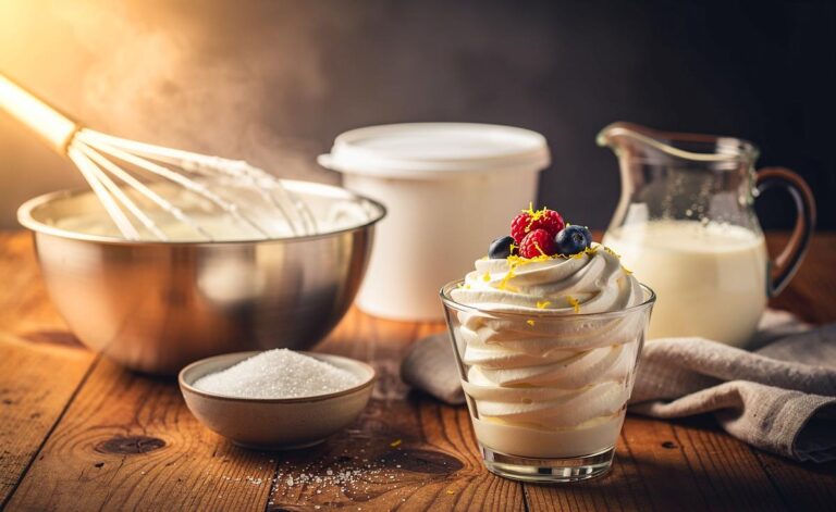 Illustration von einer lockeren Quarkcreme aus drei Zutaten, ohne Handmixer mit Schneebesen zubereitet
