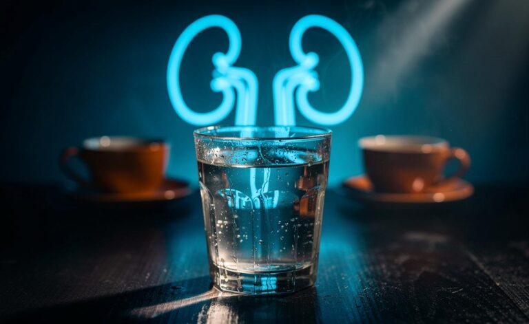 Illustration von einem Glas Wasser vor stilisierten Nieren, flankiert von Teetassen als Vergleich