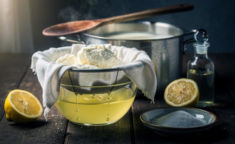 Illustration von selbstgemachtem Frischkäse aus Vollmilch und Zitronensaft, abgetropft im Mulltuch über einem Sieb, mit Topf und gelbgrüner Molke im Hintergrund