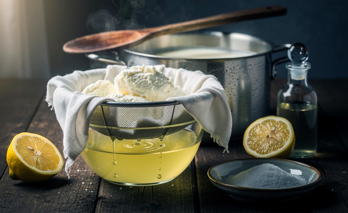 Illustration von selbstgemachtem Frischkäse aus Vollmilch und Zitronensaft, abgetropft im Mulltuch über einem Sieb, mit Topf und gelbgrüner Molke im Hintergrund