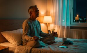 Illustration von einer Person über 50, die vor dem Zubettgehen im gedimmten Schlafzimmer meditiert, um die Schlafqualität zu verbessern