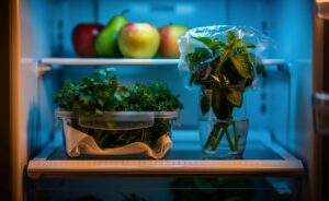 Illustration von [der optimalen Lagerung frischer Kräuter im Gemüsefach des Kühlschranks mit Tuch-und-Box- sowie Wasserglas-Methode]