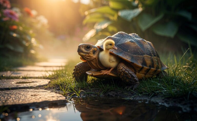 Illustration von [einer Schildkröte, die ein Entenküken adoptiert – herzerwärmender Moment im Garten]