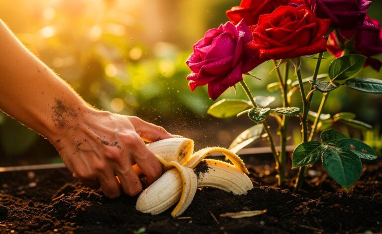 Illustration von [Anwendung von zerkleinerten Bananenschalen im Blumenbeet zur Förderung längerer Blüte]
