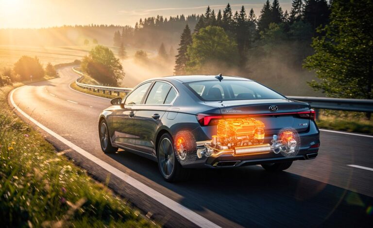 Illustration von [eines Autos auf der Landstraße während einer 25‑km‑Fahrt, die Motor, Öl und Abgasanlage auf Betriebstemperatur bringt und so Katalysator sowie DPF aktiviert]