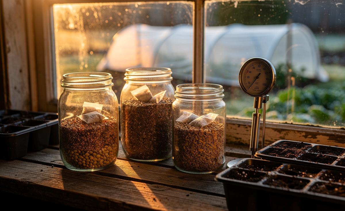 Illustration von Bio-Gartensaat in luftdichten Gläsern mit Trockenmittel, Bodenthermometer und Aussaatkalender für den richtigen Pflanzzeitpunkt