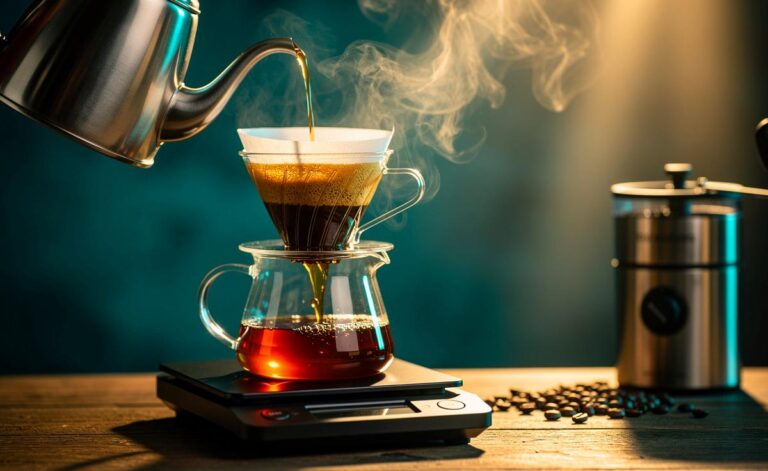 Illustration von Handfilter-Pour-Over mit Filterpapier, Schwanenhalskessel und klarer Kaffeeextraktion