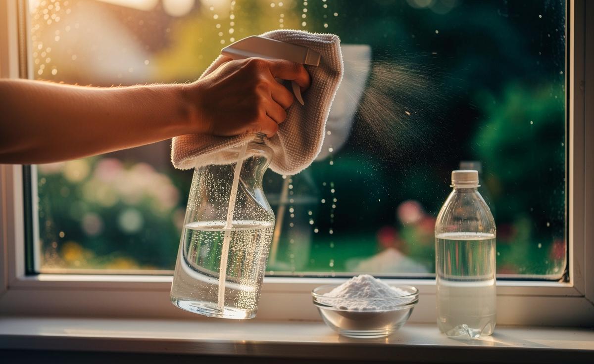 Illustration von streifenfreier Fensterreinigung mit einem Mix aus Natron und Essig als günstige Alternative zu Glasreinigern