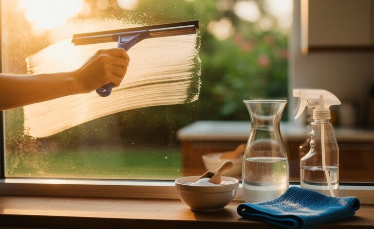 Illustration von einem Natron‑Wasser‑Mix zur streifenfreien Fensterreinigung mit Mikrofasertuch und Fensterabzieher