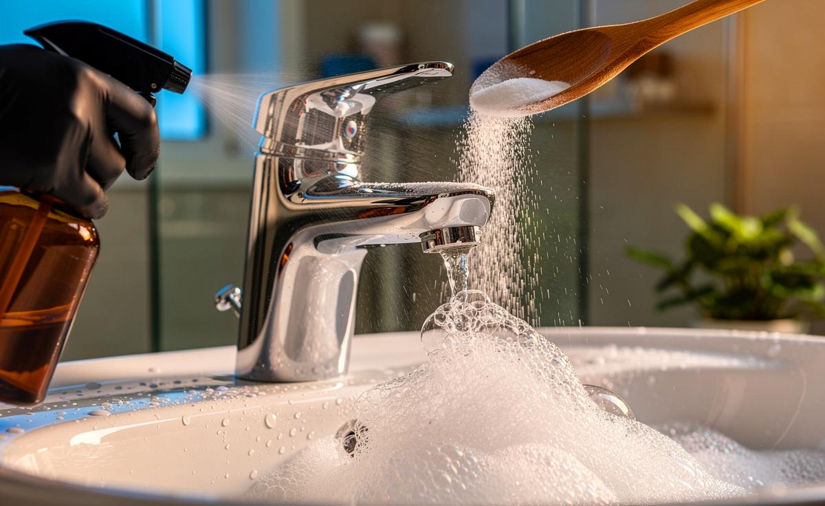 Illustration von Natron-Essig-Mischung beim Entkalken einer verchromten Badarmatur mit sichtbarer CO2-Schaumbildung