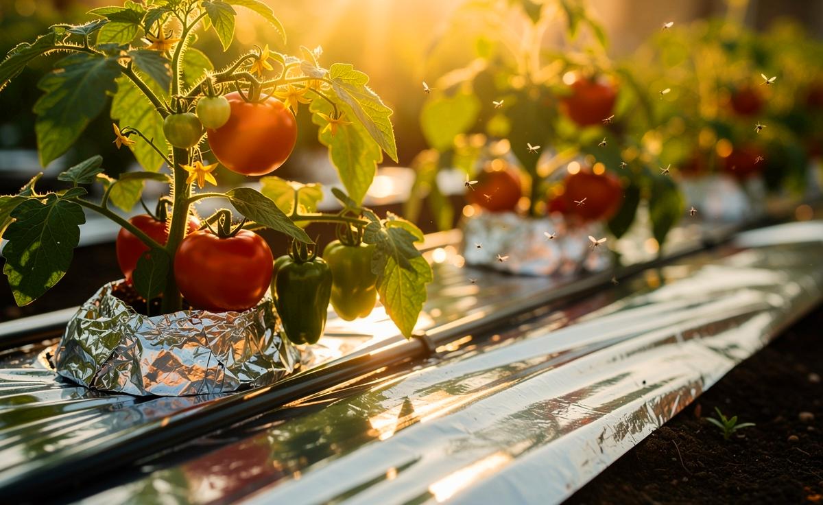 Illustration von reflektierendem Alufolien-Mulch um Gemüsepflanzen zur Schädlingsabwehr, Lichtreflexion und Feuchterhaltung